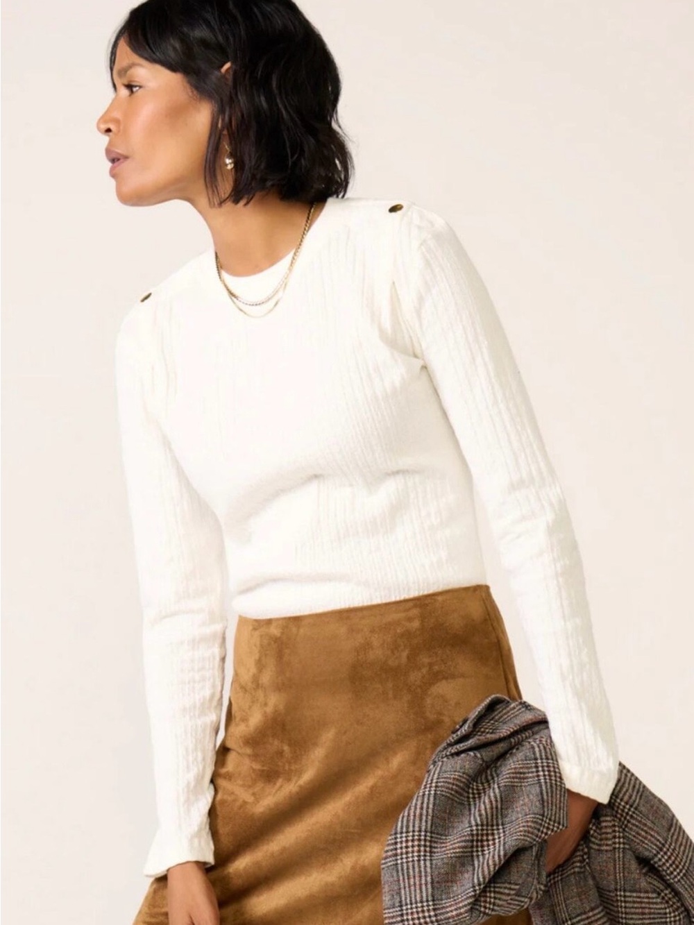Nation Ltd Marsel Long Sleeve Top, Crew Neck, Ribbed, Color Ivory, Size S